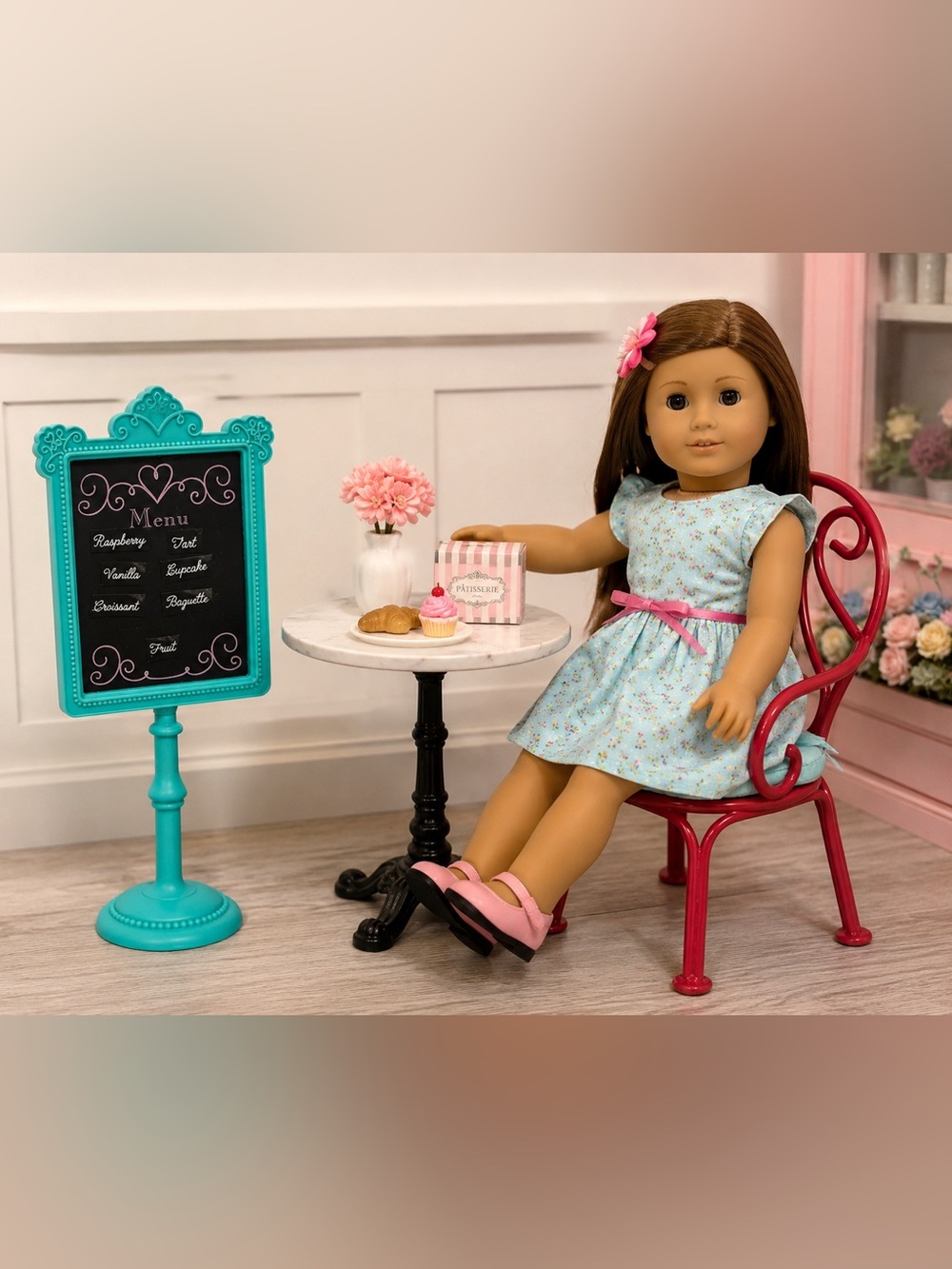 American Girl Bistro Café Chair & Menu Sign Set Red Metal Chair Aqua Cushion